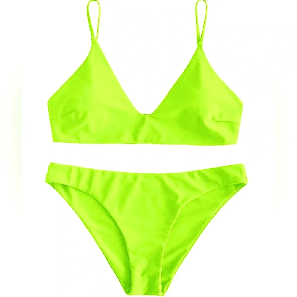 😎 New Zaful Neon Bright Lime Bikini Set Bathingsuit 4 Small
